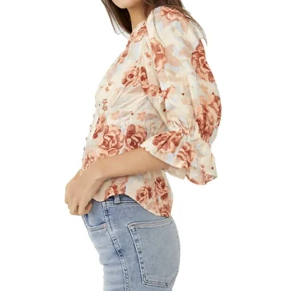 Free People Top Blouse Short Sleeve Deep V-Neck Floral Print Linen Ivory L NWT - Picture 10 of 16